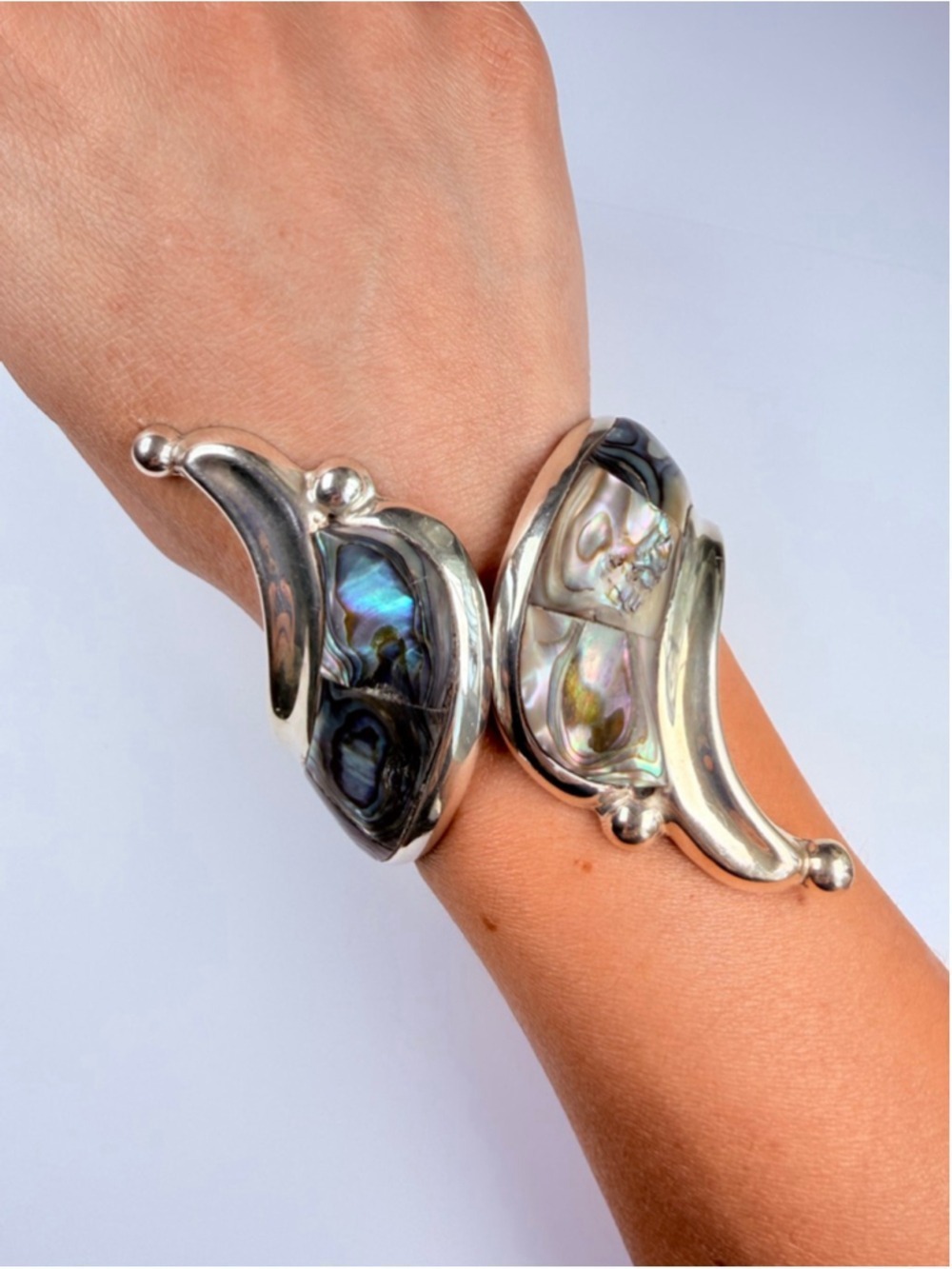 Taxco Massive Modernist Abalone Ornate Sterling Silver Clamper Cuff VTG Bracelet - Picture 1 of 13